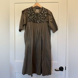 Antik Batik beaded green/brown peasant puff sleeves boho cottagecore dress Sz XS